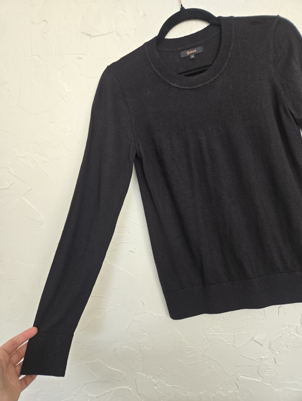 Quince Cotton Cashmere Black Crewneck Sweater, S - Picture 3 of 7